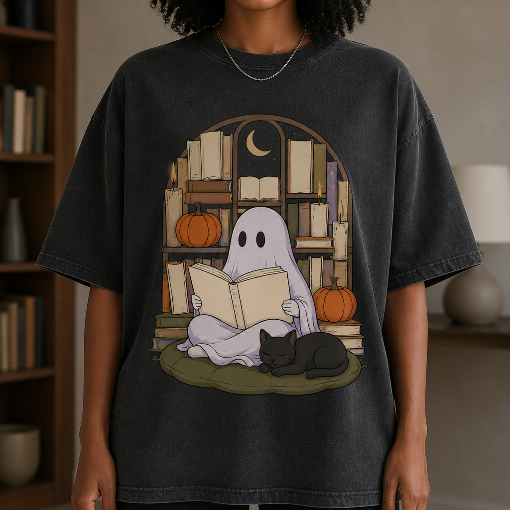 Booked for the Afterlife Ghost Reading Shirt – Spooky Bookish Halloween Tee for Librarians, Teachers & Readers hero-6a870e7fa44b4072fc2e05ad.png
