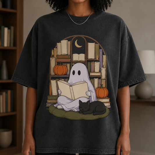 Booked for the Afterlife Ghost Reading Shirt – Spooky Bookish Halloween Tee for Librarians, Teachers & Readers hero-6a870e7fa44b4072fc2e05ad.png