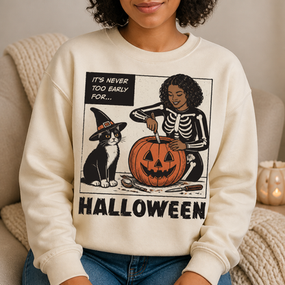 Retro Halloween Cat & Pumpkin Sweatshirt – It’s Never Too Early for Halloween Funny Spooky Sweater hero-6a870fdea44b4072fc2e05bd.png