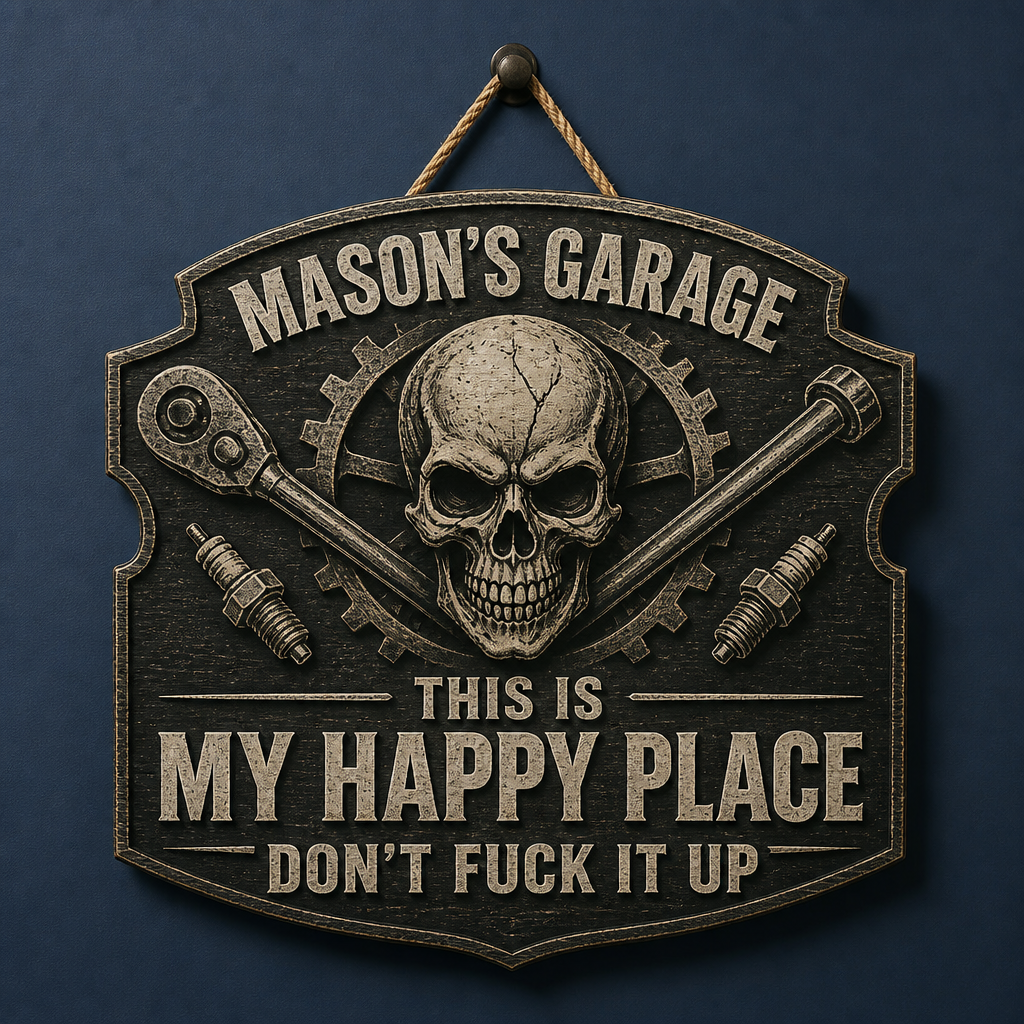 Personalized Skull Garage Wood Sign – Custom Happy Place Man Cave Sign, Rustic Mechanic Halloween Gift for Dad, Husband or Him hero-6a89ca64e1cef07182d87480.png