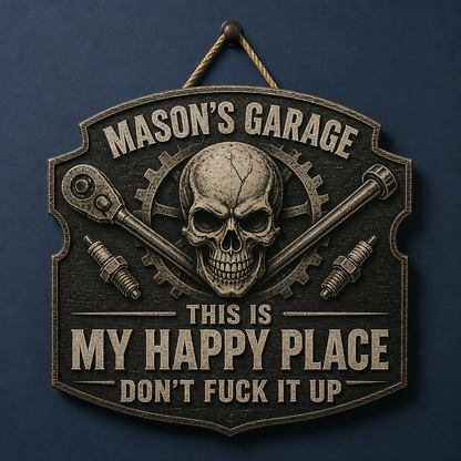 Personalized Skull Garage Wood Sign – Custom Happy Place Man Cave Sign, Rustic Mechanic Halloween Gift for Dad, Husband or Him hero-6a89ca64e1cef07182d87480.png
