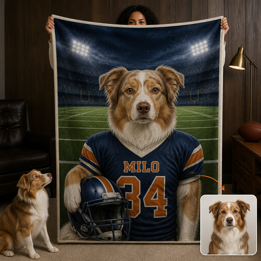 Custom Football Pet Portrait Blanket from Photo – Personalized Dog Name & Number Jersey Gift hero-6a8d068efc3bfdc4260bc5ea.png