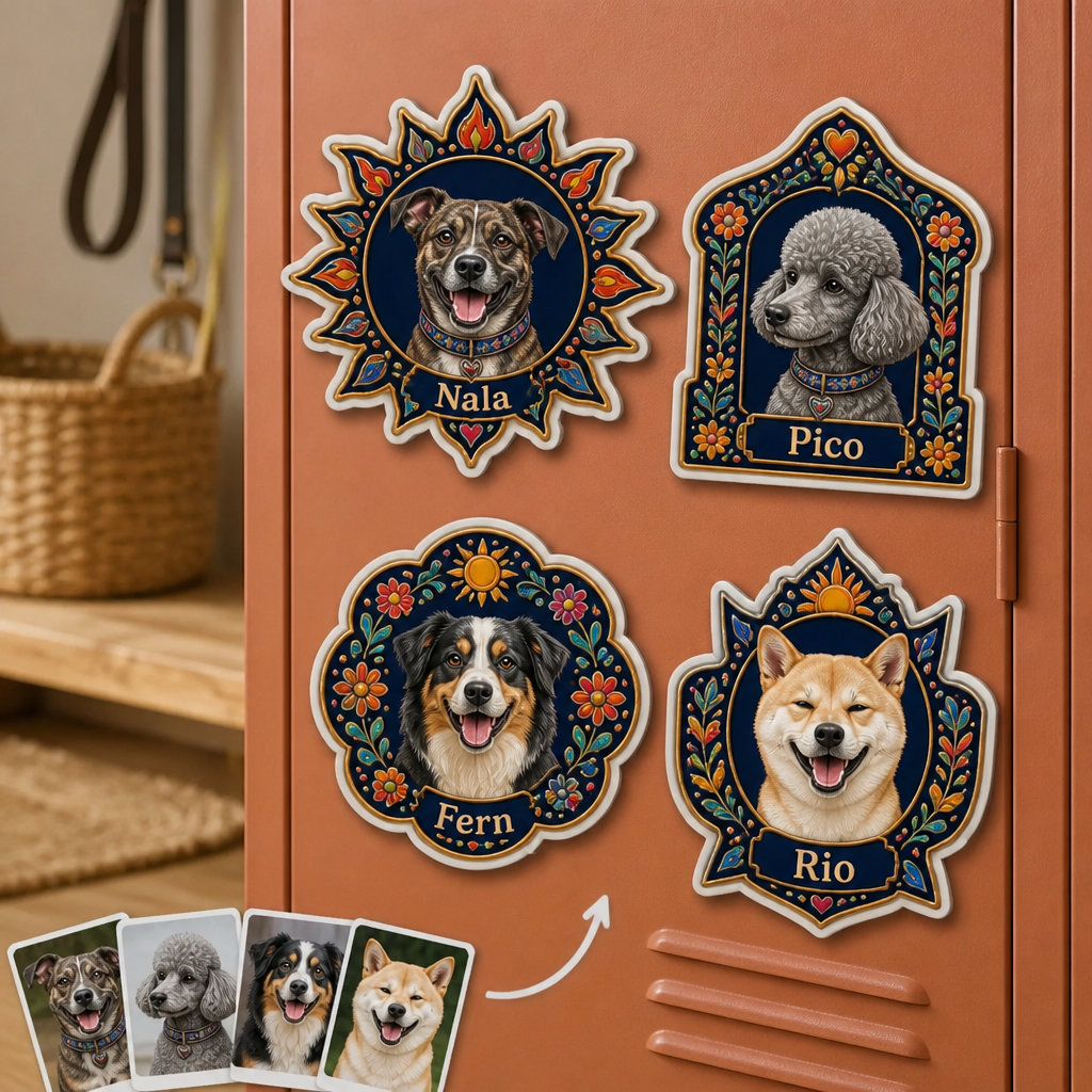 Custom Pet Photo Fridge Magnet with Name – Personalized Folk Art Dog Portrait Magnet hero-6a8d43665fbb280264d7bb81.png