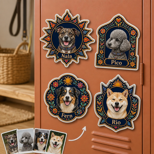 Custom Pet Photo Fridge Magnet with Name – Personalized Folk Art Dog Portrait Magnet hero-6a8d43665fbb280264d7bb81.png