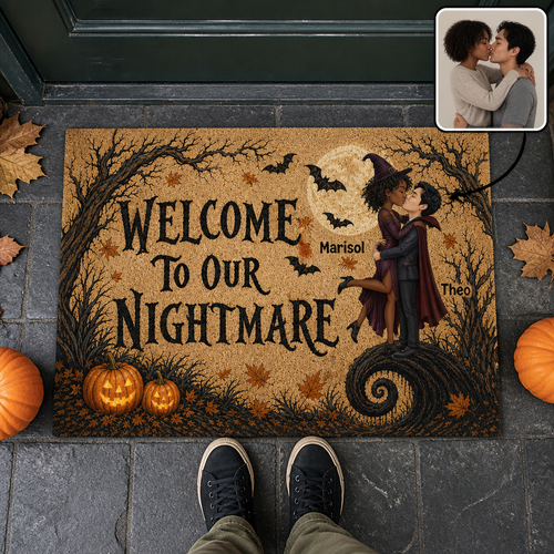 Welcome to Our Nightmare – Personalized Cartoon Style Photo Doormat – Halloween Gift For Couple hero-6a8d845b3eae2755fd829f1a.png