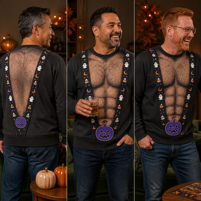 Barely Dressed for Halloween Funny Ugly Sweatshirt – Faux Hairy Chest & Spooky Suspenders Sweater, Hilarious Halloween Party Gift for Dad, Husband or Him hero-6a8d87d83eae2755fd829f2c.png