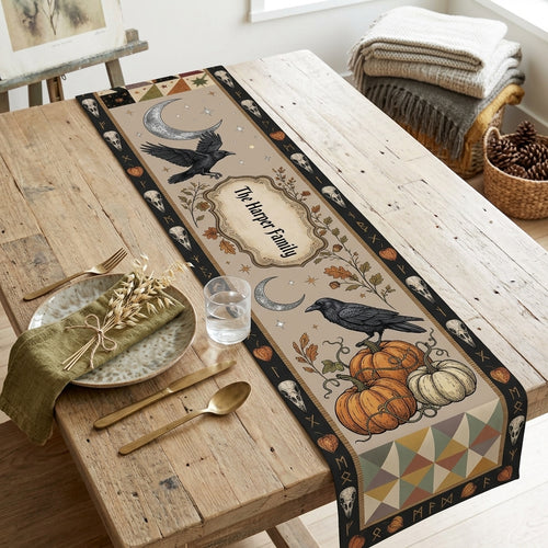 Harvest Moon Raven Personalized Table Runner – Custom Family Name Gothic Fall & Halloween Dining Decor hero-6a8d8964e3bab83d117dacc9.jpg