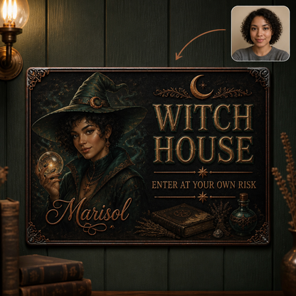 Personalized Witch Metal Sign – Custom Photo & Name, Halloween Home Decor Gift hero-6a8fe8295ece55b627e65996.png