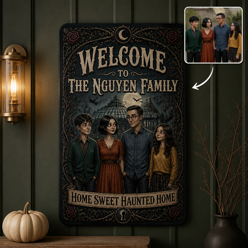 Personalized Haunted Family Metal Sign – Custom Family Portrait & Name, “Home Sweet Haunted Home” Halloween Gift, Decor hero-6a8ff6da5ece55b627e659bf.png