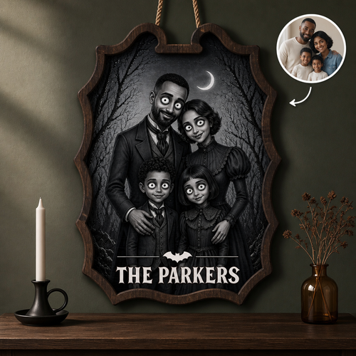 Meet the Parkers Personalized Family Wood Sign – Custom Photo Gothic Portrait, Spooky Victorian Halloween Wall Decor & Family Gift hero-6a923dcd3a3b40253d05518b.png