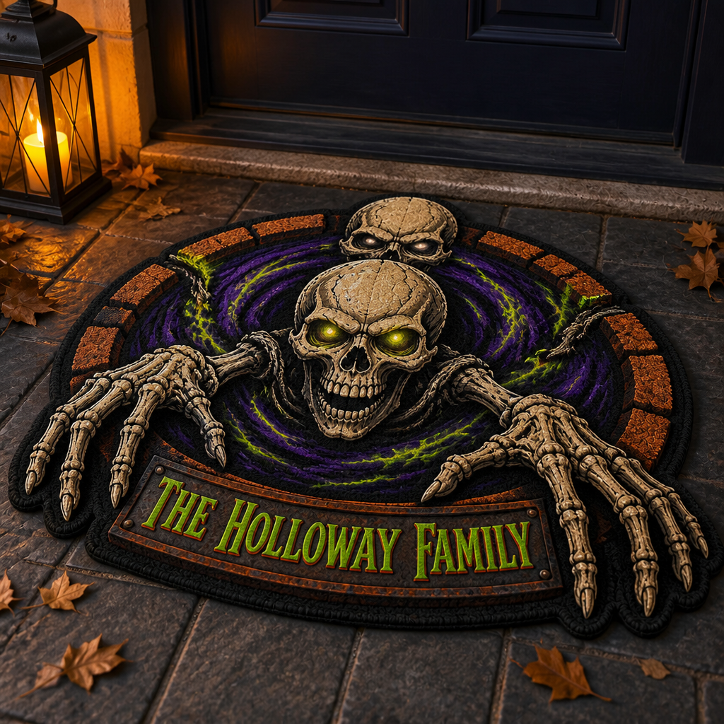 Graveyard Rising Personalized Family Doormat – Custom Shape 3D Skeleton Halloween Mat, Creepy Front Door Decor with Family Name hero-6a923df73a3b40253d05518f.png