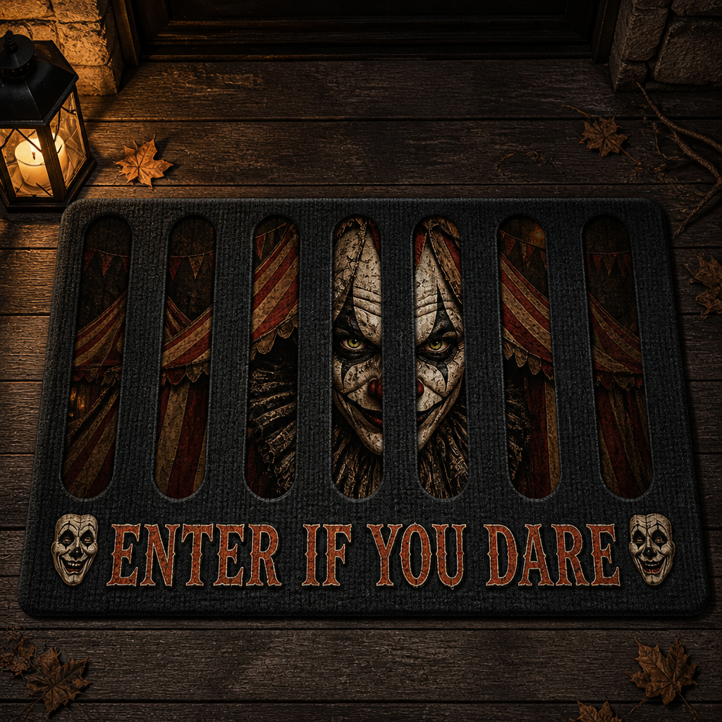 Enter If You Dare Creepy Clown Doormat – Custom Shape Halloween Horror Mat, Haunted Carnival Front Door Decor hero-6a923e063a3b40253d055191.png