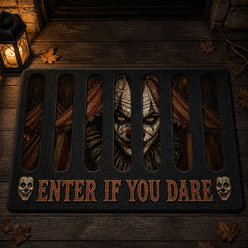 Enter If You Dare Creepy Clown Doormat – Custom Shape Halloween Horror Mat, Haunted Carnival Front Door Decor hero-6a923e063a3b40253d055191.png