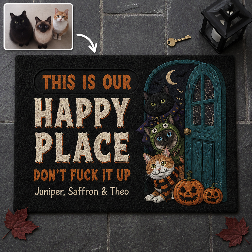 Our Happy Place Personalized Pet Photo Doormat – Custom Halloween Cat Portrait Mat, Funny Spooky Front Door Decor for Cat Lovers hero-6a9240efc4e84056e0a67b53.png