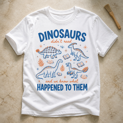 Dinosaurs Didn’t Read Personalized T-Shirt – Funny Book Lover Dinosaur Tee, Retro Reading Shirt for Teachers, Librarians & Nerdy Friends hero-6a94e20a6634ba88d6499df2.png