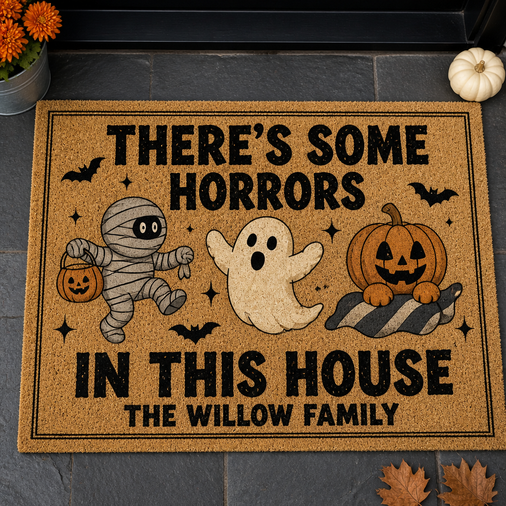 There's Some Horrors – Personalized Doormat – Custom Family Welcome Mat with Ghost, Mummy & Pumpkin, Funny Spooky Front Porch Decor Gift, Halloween Gift hero-6a95443613ba929a558b3d71.png