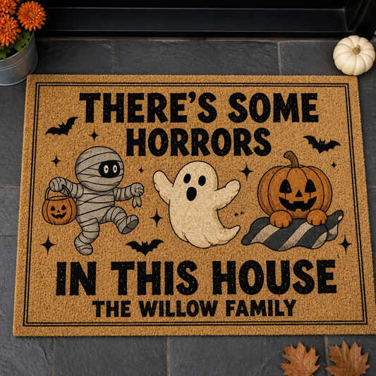 There's Some Horrors – Personalized Doormat – Custom Family Welcome Mat with Ghost, Mummy & Pumpkin, Funny Spooky Front Porch Decor Gift, Halloween Gift hero-6a95443613ba929a558b3d71.png
