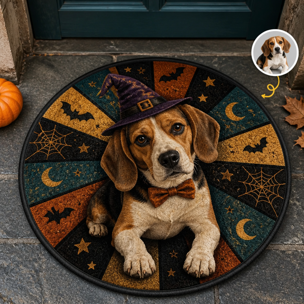 Custom Halloween Pet Photo Doormat – Personalized Witch Hat Dog Round Door Mat hero-6a98d93e25920d94b7eca2df.png