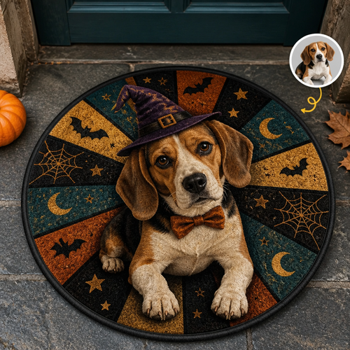 Custom Halloween Pet Photo Doormat – Personalized Witch Hat Dog Round Door Mat hero-6a98d93e25920d94b7eca2df.png