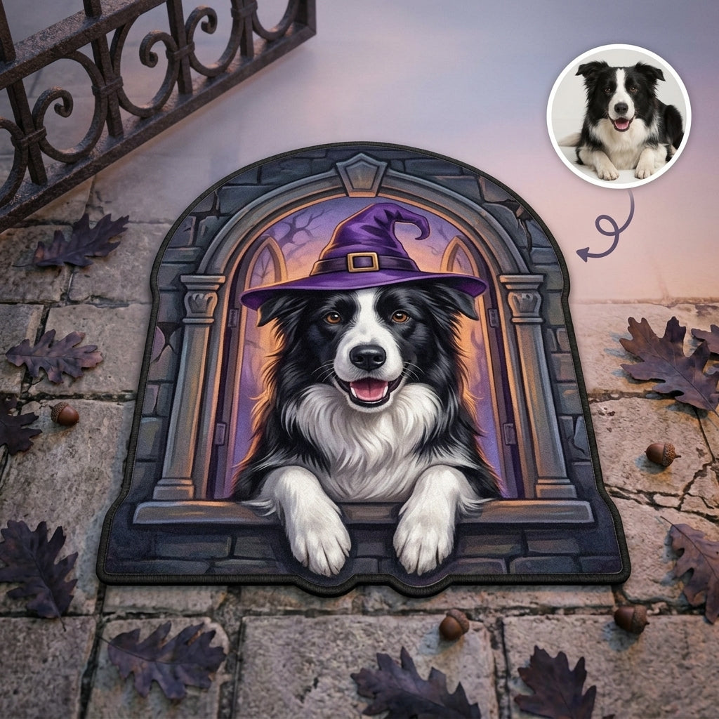 Custom Halloween Pet Photo Doormat – Personalized Witch Hat Dog 3D Arch Door Mat hero-6a98da7034e14064fcd26d1d.jpg