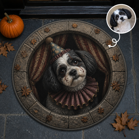 Personalized Dog Halloween Doormat – Custom Pet Photo Creepy Circus Clown Round Rug, Vintage Spooky Porch Decor, Dog Lover Gift hero-6a98e6c18efd6ab8d1ede772.png