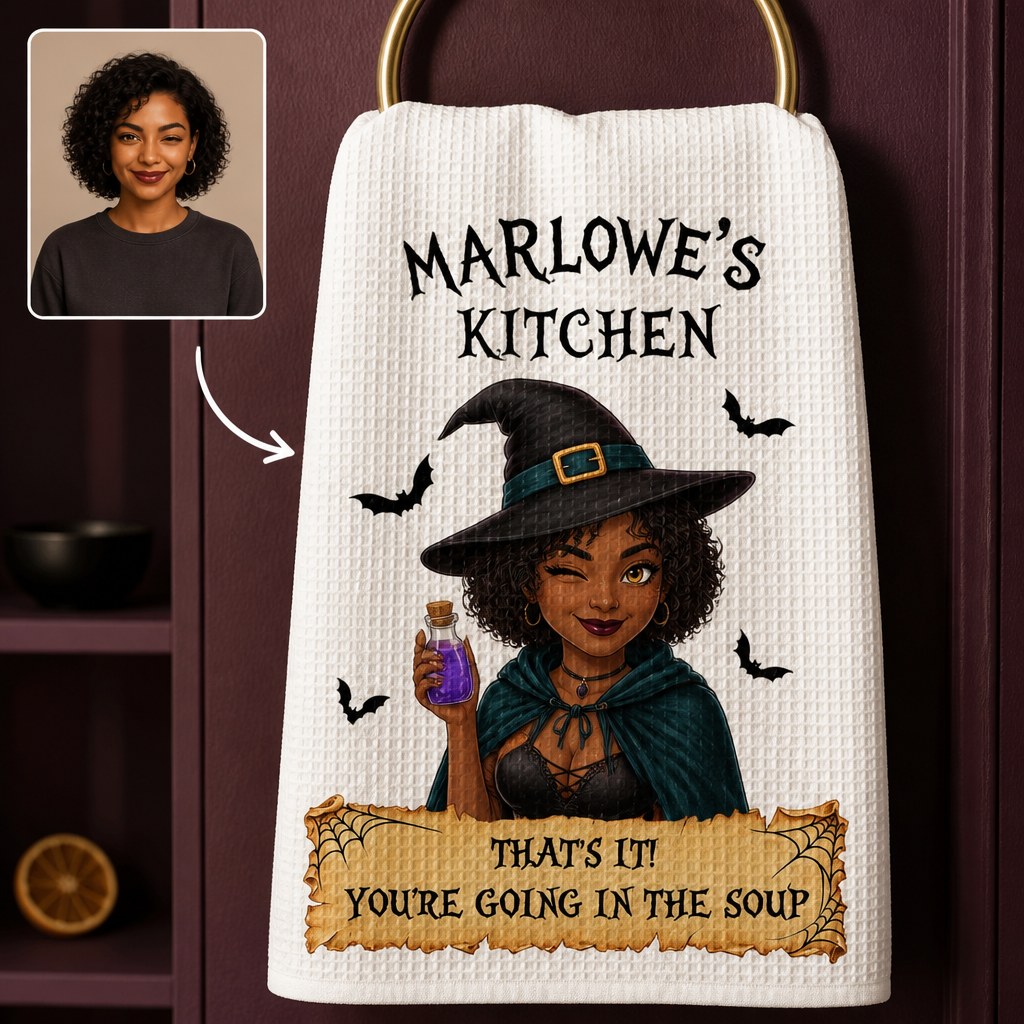 You’re Going in the Soup Personalized Kitchen Towel – Custom Photo Witch Halloween Tea Towel, Funny Spooky Kitchen Decor Gift for Her hero-6a98e9f6be65ed27b317c1a0.png