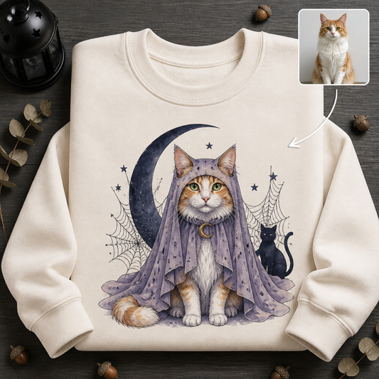 Personalized Cat Halloween Sweatshirt – Custom Pet Photo Ghost Cat Shirt, Watercolor Witchy Moon & Spider Web, Spooky Season Gift for Cat Mom hero-6a98ecc0fd8d2c2bf0ea7706.png