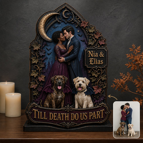 Till Death Do Us Part – Personalized Photo With Pet 2-Layer Standing Wooden Plaque – Halloween Gift For Couple hero-6a99170677ddd87c0caf5f66.png