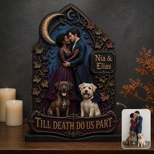 Till Death Do Us Part – Personalized Photo With Pet 2-Layer Standing Wooden Plaque – Halloween Gift For Couple hero-6a99170677ddd87c0caf5f66.png