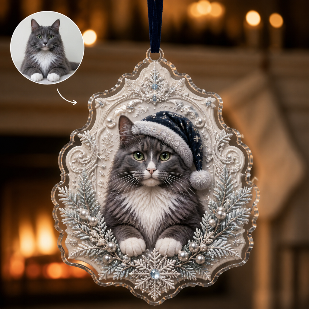 Personalized Cat Christmas Ornament – Custom Pet Photo Acrylic Ornament, Elegant Santa Hat Cat with Snowflake & Pearl, Cat Lover Memorial Keepsake Gift hero-6a9a2a48168f9069046fdb59.png