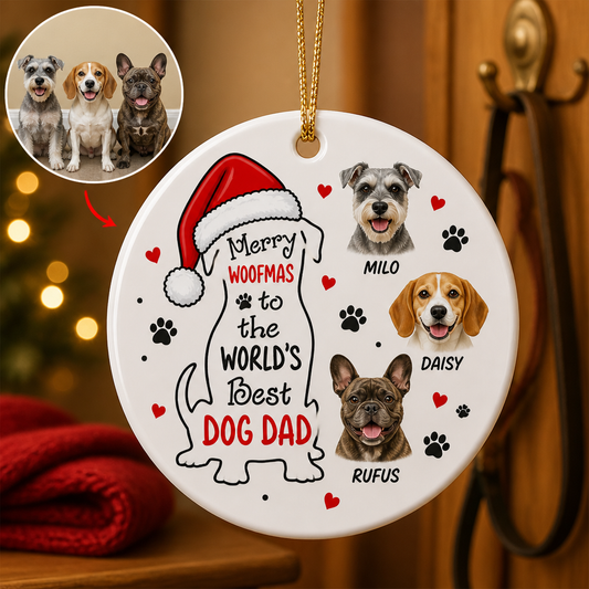 Merry Woofmas Dog Dad Ornament – Custom Ornament with Pet Photos & Names hero-6a9b80bade264dde2ce90ee1.png