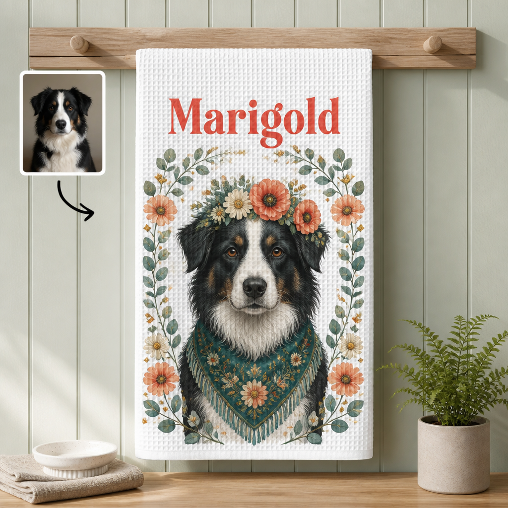 Custom Pet Portrait Kitchen Towel – Boho Floral with Name hero-6a9e2becf07582652aff5d01.png