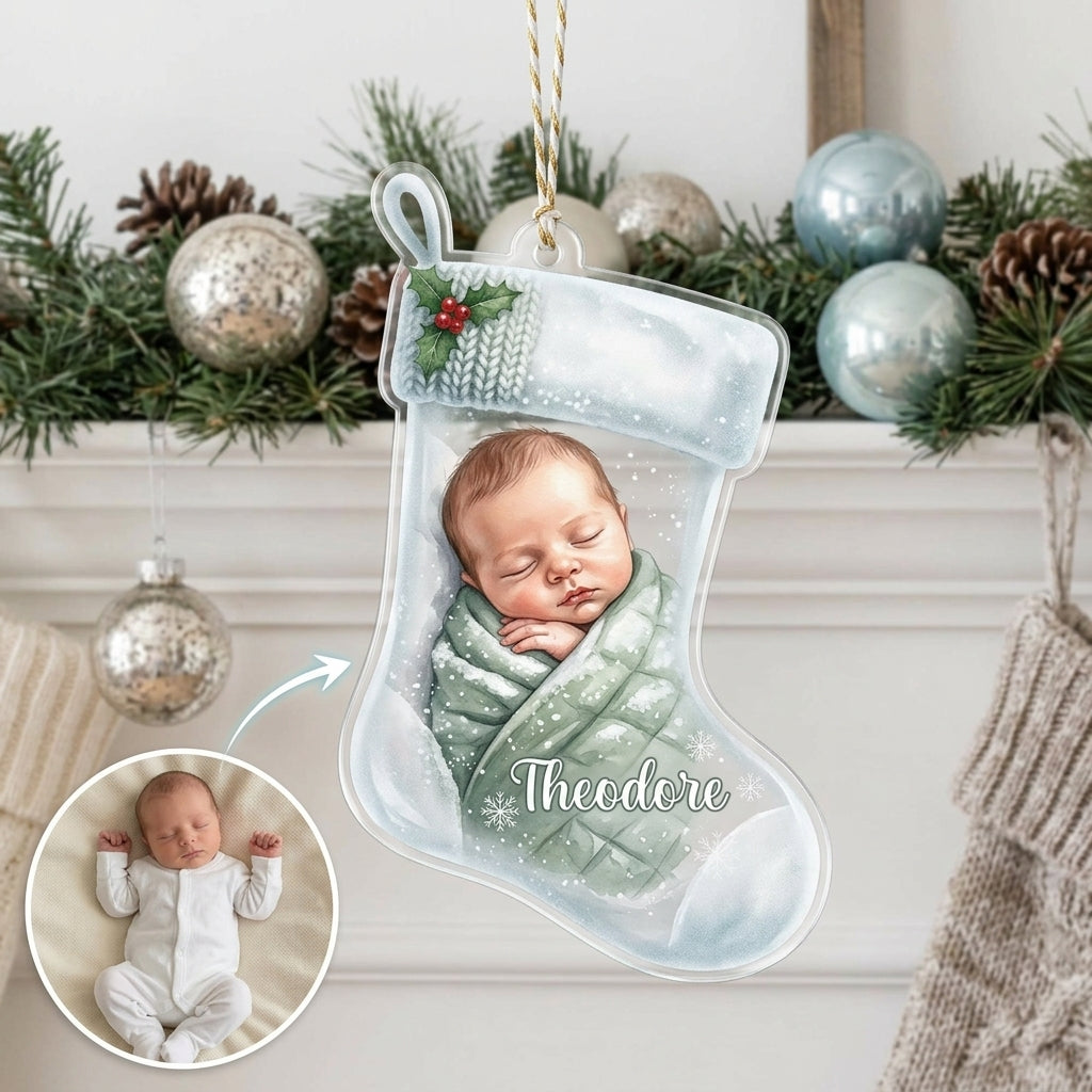 Baby in Christmas Swaddle Acrylic Ornament - Personalized Newborn Gifts For Baby, New Father, New Mother hero-6aa7541f55d01e9806a5d914.jpg