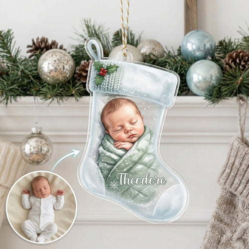 Baby in Christmas Swaddle Acrylic Ornament - Personalized Newborn Gifts For Baby, New Father, New Mother hero-6aa7541f55d01e9806a5d914.jpg