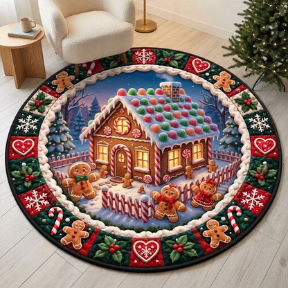 Gingerbread House Christmas Round Rug – Cozy Quilted-Look Holiday Mat hero-6ab09cc33c1a03dc5029fb36.jpg