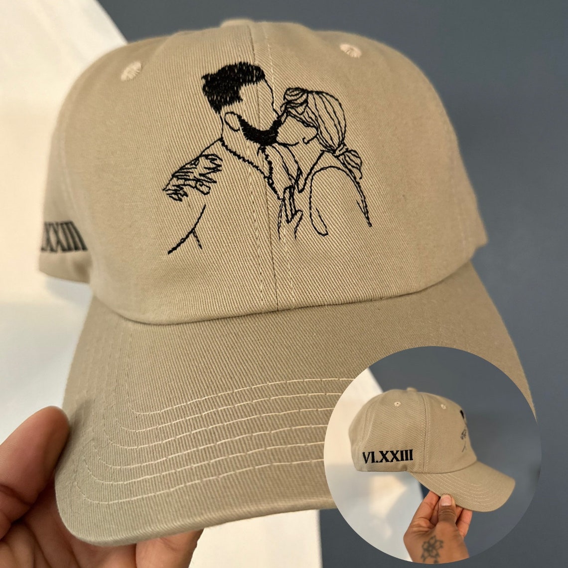 Line Art Portrait Embroidered with Roman Numerals Date on Dad Hat | Couples Embroidery Couples Hat | Couples Hat | Gifts for Her | Gifts for Him il_1140xN.5056553046_i1az.jpg