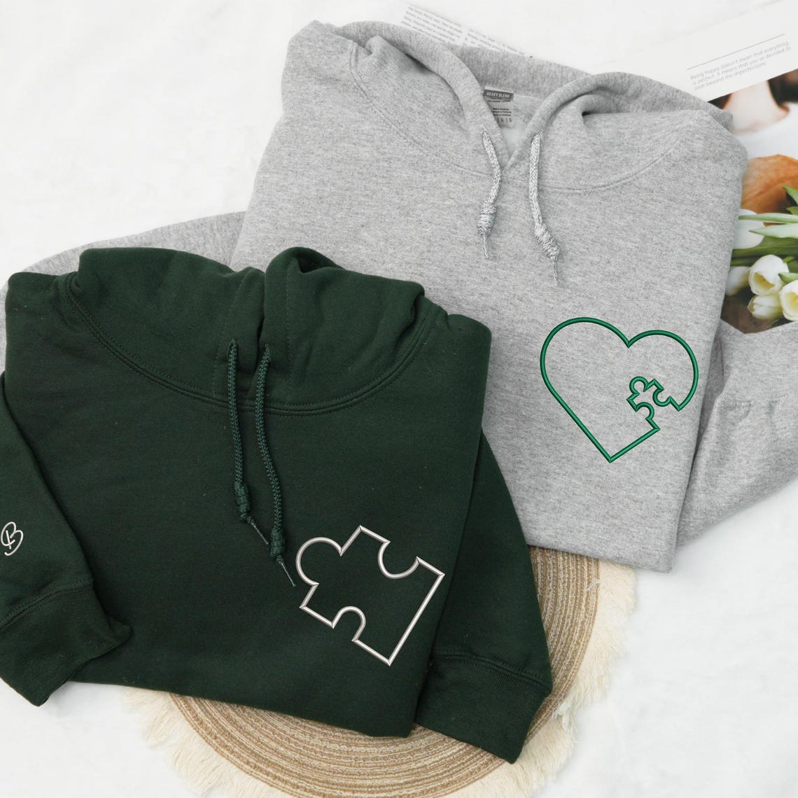 Couples Hoodies Matching Embroidered You Complete Me Heart Puzzle, His and Her Sweatshirt, Custom Initials Sleeve, Personalized Anniversary il_1140xN.6516398519_5zjj.jpg