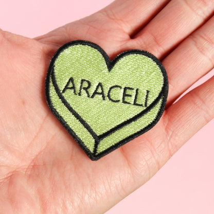 Personalized Name, Word or Date Iron on Patch for Hats, Purses, Backpacks, etc. Candy Heart Sew on Badge. Custom Embroidery. Cute Gift Idea
