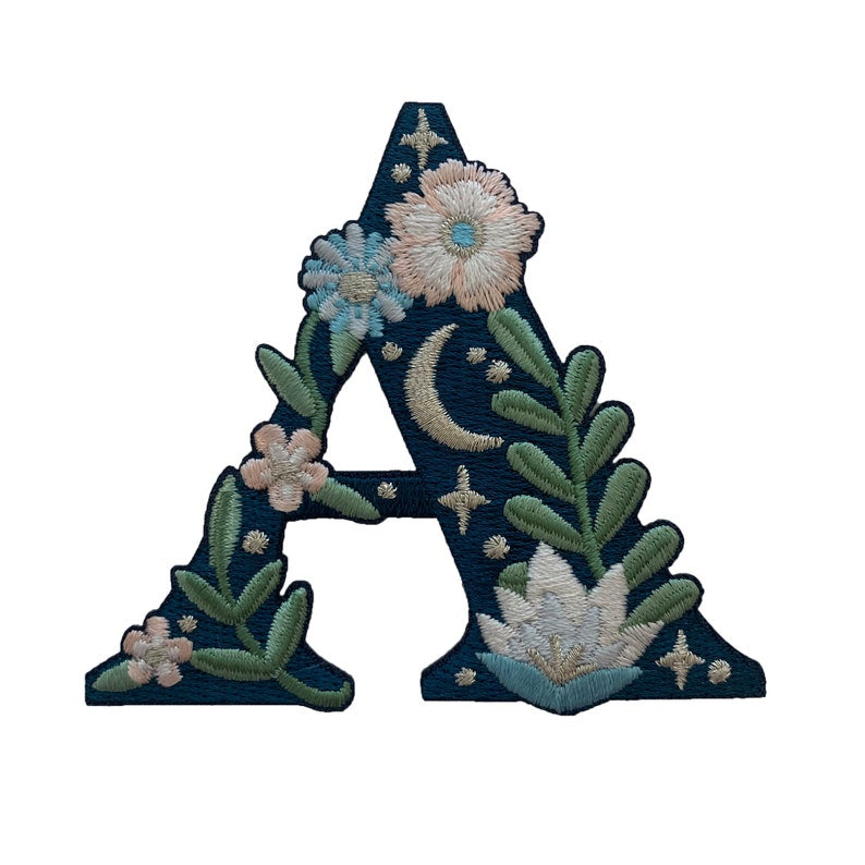 Botanical Letter Patches - Embroidered Applique Letters - Choose Your Letter or Initial! Flowers, Moon, & Stars Details!