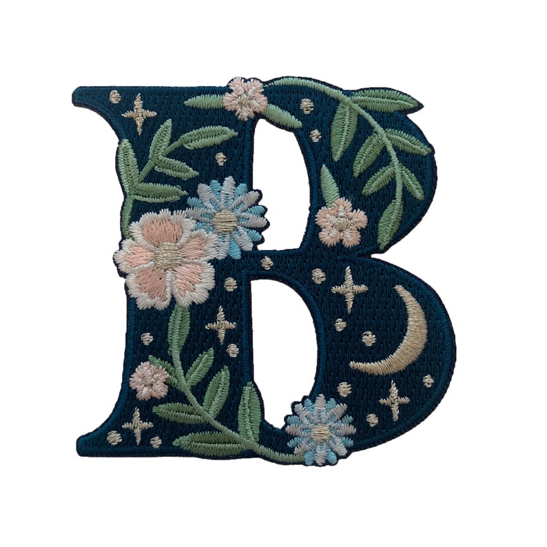 Botanical Letter Patches - Embroidered Applique Letters - Choose Your Letter or Initial! Flowers, Moon, & Stars Details!