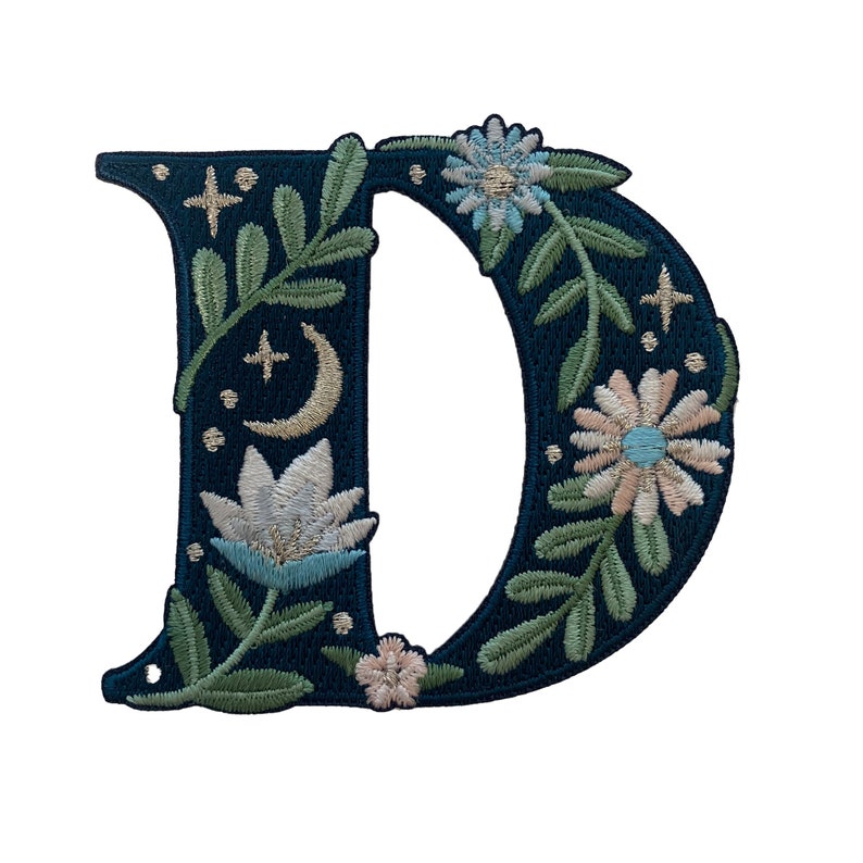 Botanical Letter Patches - Embroidered Applique Letters - Choose Your Letter or Initial! Flowers, Moon, & Stars Details!