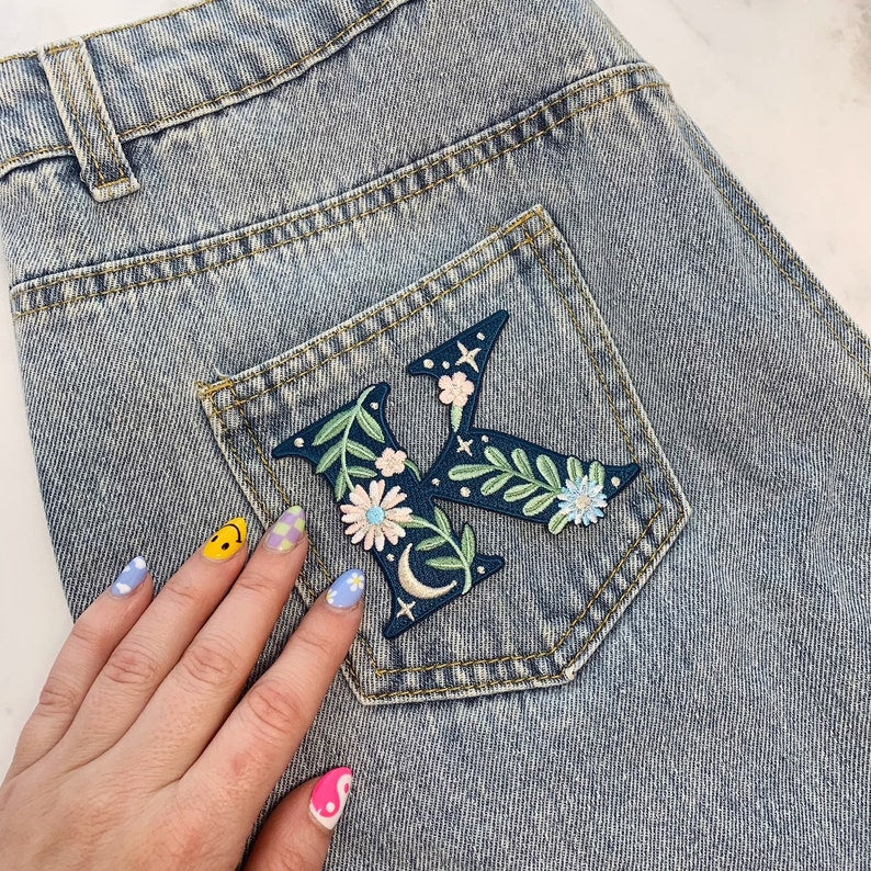 Botanical Letter Patches - Embroidered Applique Letters - Choose Your Letter or Initial! Flowers, Moon, & Stars Details!