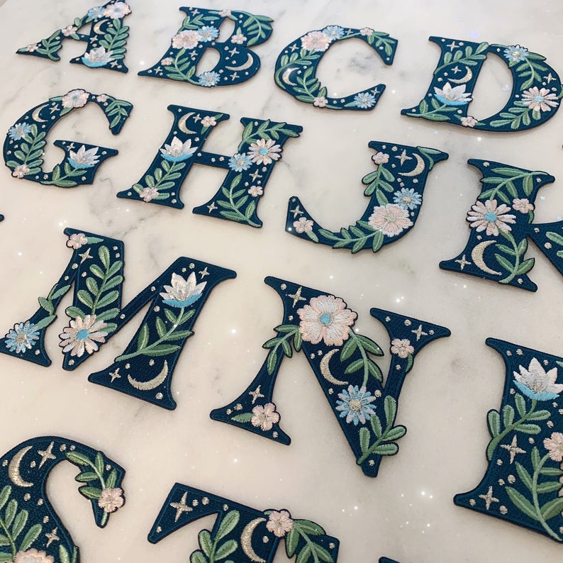 Botanical Letter Patches - Embroidered Applique Letters - Choose Your Letter or Initial! Flowers, Moon, & Stars Details!