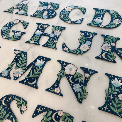 Botanical Letter Patches - Embroidered Applique Letters - Choose Your Letter or Initial! Flowers, Moon, & Stars Details!