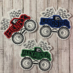 Monster Truck Race Car Checkered Flag Personalized Iron On Patch Embroidered Applique Custom Name Tag