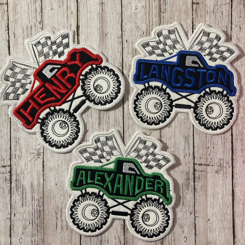 Monster Truck Race Car Checkered Flag Personalized Iron On Patch Embroidered Applique Custom Name Tag