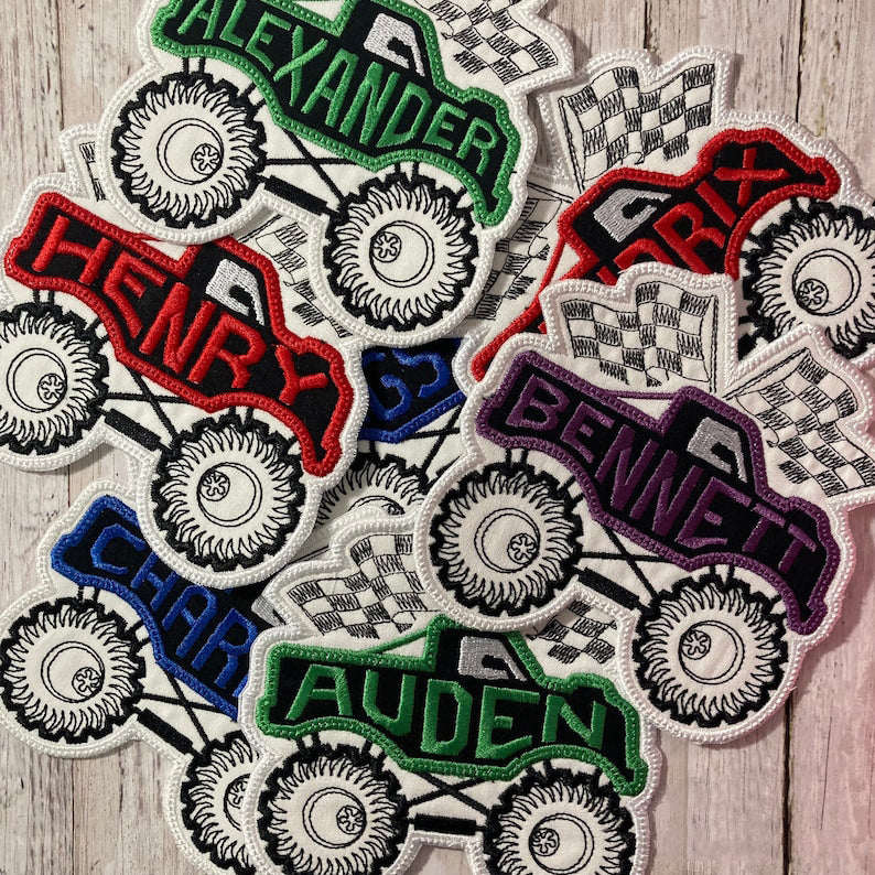 Monster Truck Race Car Checkered Flag Personalized Iron On Patch Embroidered Applique Custom Name Tag