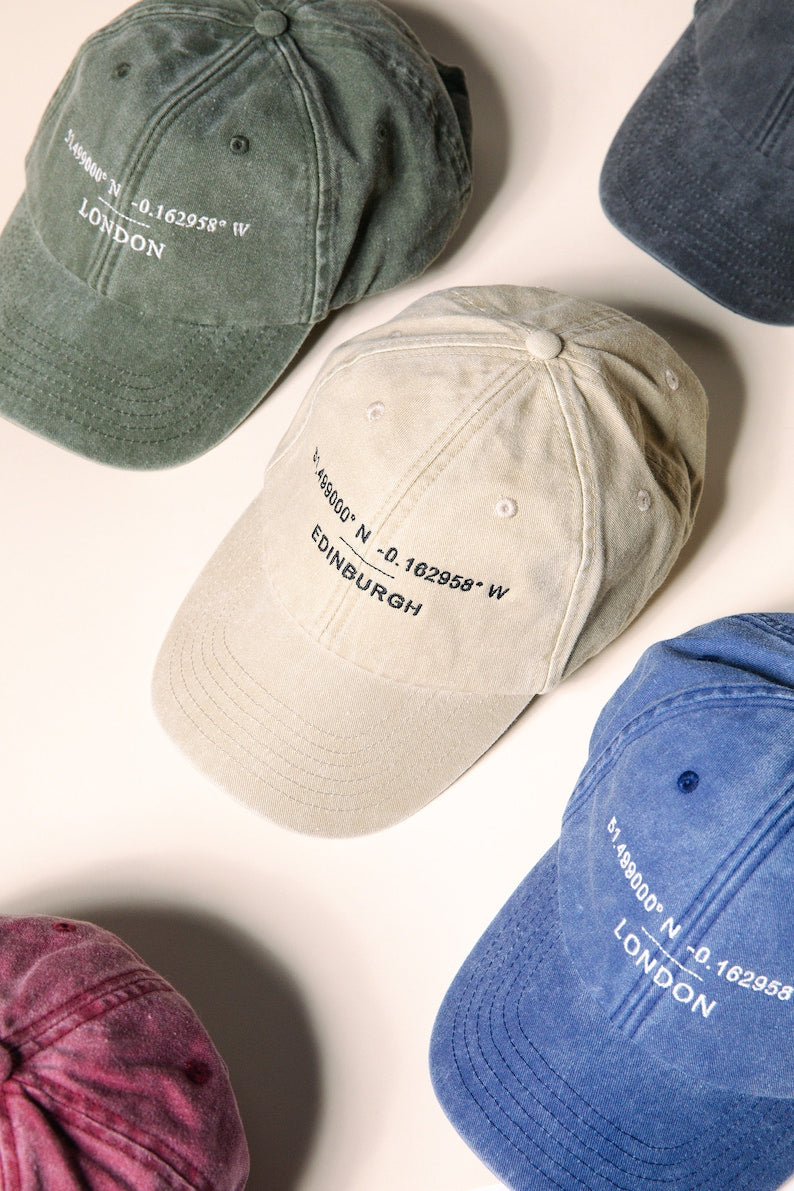 Custom Baseball Cap - Personalised Embroidered Hat with Your Favourite Location Coordinates - Washed Out Cotton Vintage Style Dad Hat il_794xN.3971577236_3jjp.jpg