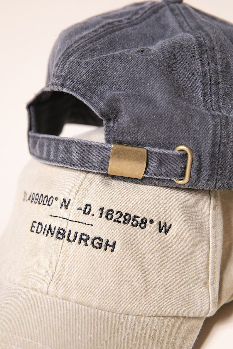 Custom Baseball Cap - Personalised Embroidered Hat with Your Favourite Location Coordinates - Washed Out Cotton Vintage Style Dad Hat il_794xN.3971579492_3t18.jpg