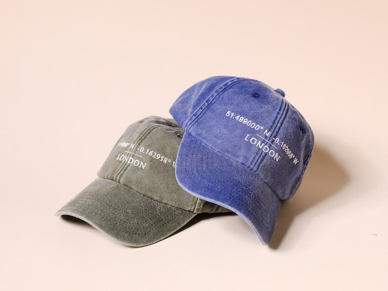 Custom Baseball Cap - Personalised Embroidered Hat with Your Favourite Location Coordinates - Washed Out Cotton Vintage Style Dad Hat il_794xN.3971587288_cu1t.jpg